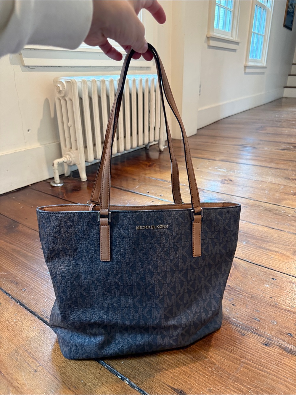 MICHAEL KORS Navy MK Logo Tote with Brown Leather Straps